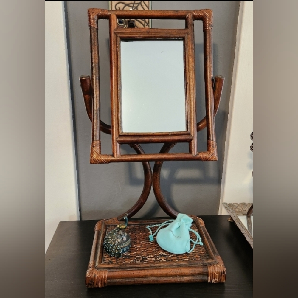 Vintage Bamboo Rattan Swinging Mirror w/ Vanity Tray